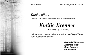 Traueranzeige von Emilie Brenner von Haller Tagblatt