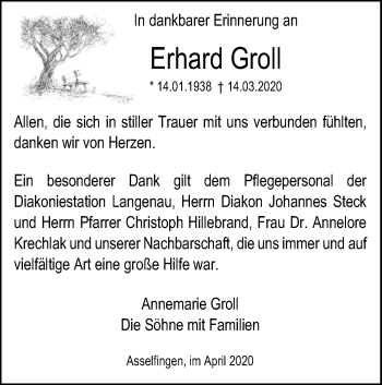 Traueranzeige von Erhard Groll von SÜDWEST PRESSE Ausgabe Ulm/Neu-Ulm