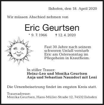 Traueranzeige von Eric Geurtsen von Haller Tagblatt