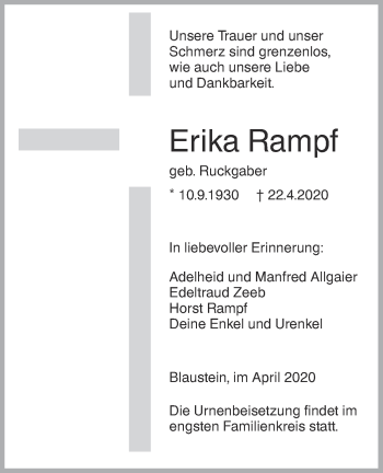 Traueranzeige von Erika Rampf von SÜDWEST PRESSE Ausgabe Ulm/Neu-Ulm