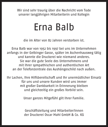 Traueranzeige von Erna Balb von Haller Tagblatt