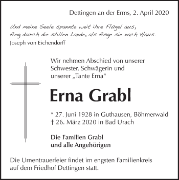 Traueranzeige von Erna Grabl von Metzinger-Uracher Volksblatt