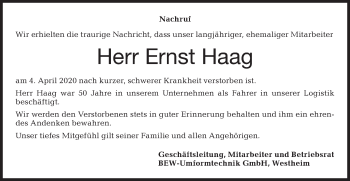 Traueranzeige von Ernst Haag von Haller Tagblatt