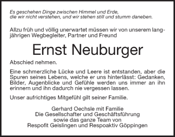 Traueranzeige von Ernst Neuburger von NWZ Neue Württembergische Zeitung/Geislinger Zeitung