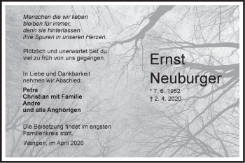 Traueranzeige von Ernst Neuburger von NWZ Neue Württembergische Zeitung