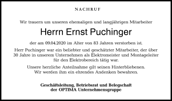 Traueranzeige von Ernst Puchinger von Haller Tagblatt