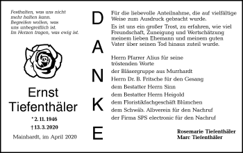 Traueranzeige von Ernst Tiefenthäler von Haller Tagblatt