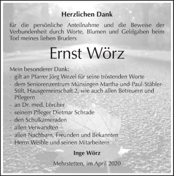 Traueranzeige von Ernst Wörz von Alb-Bote/Metzinger-Uracher Volksblatt