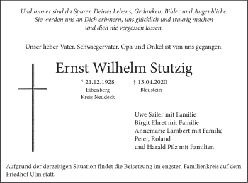 Traueranzeige von Ernst Wilhelm Stutzig von SÜDWEST PRESSE Ausgabe Ulm/Neu-Ulm