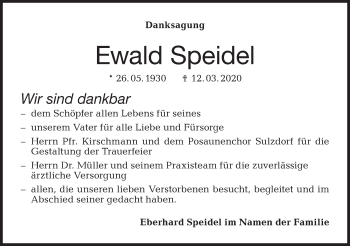 Traueranzeige von Ewald Speidel von Haller Tagblatt