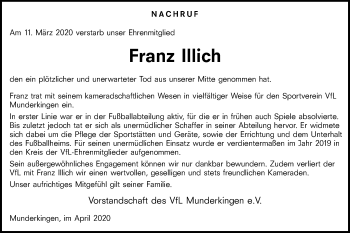 Traueranzeige von Franz Illich von Ehinger Tagblatt