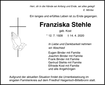 Traueranzeige von Franziska Stehle von Hohenzollerische Zeitung