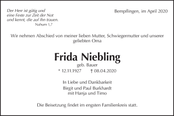 Traueranzeige von Frida Niebling von Metzinger-Uracher Volksblatt