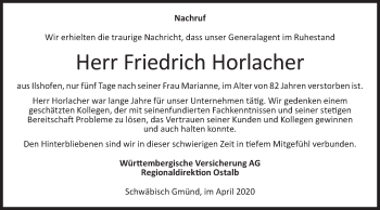 Traueranzeige von Friedrich Horlacher von Haller Tagblatt