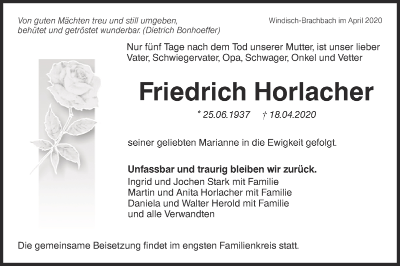  Traueranzeige für Friedrich Horlacher vom 23.04.2020 aus Haller Tagblatt