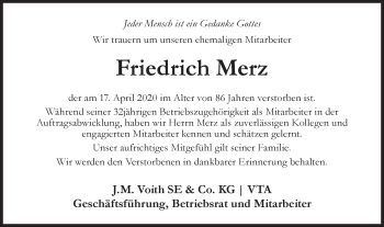 Traueranzeige von Friedrich Merz von Hohenloher Tagblatt