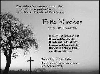 Traueranzeige von Fritz Rischer von Hohenzollerische Zeitung