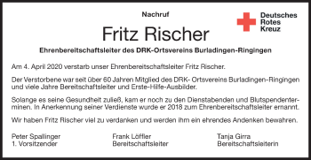 Traueranzeige von Fritz Rischer von Hohenzollerische Zeitung