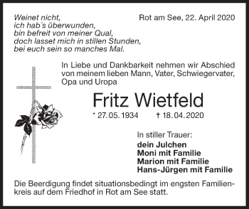 Traueranzeige von Fritz Wietfeld von Hohenloher Tagblatt