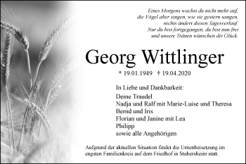 Traueranzeige von Georg Wittlinger von NWZ Neue Württembergische Zeitung/Geislinger Zeitung