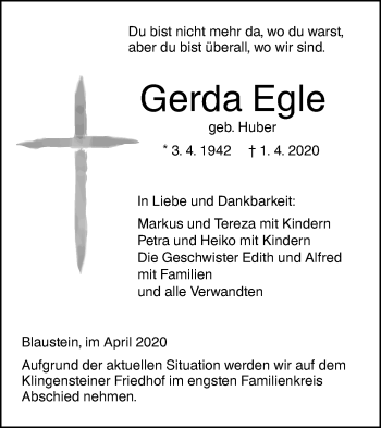 Traueranzeige von Gerda Egle von SÜDWEST PRESSE Ausgabe Ulm/Neu-Ulm