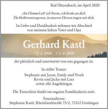 Traueranzeige von Gerhard Kastl von Geislinger Zeitung