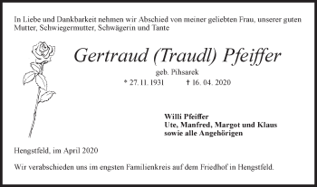 Traueranzeige von Gertraud  Pfeffer von Hohenloher Tagblatt