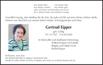 Traueranzeige von Gertrud Eipper von Hohenloher Tagblatt