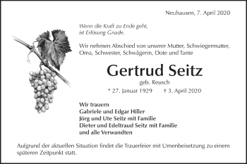 Traueranzeige von Gertrud Seitz von Metzinger-Uracher Volksblatt