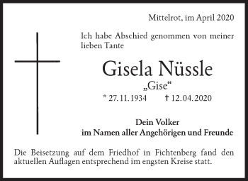 Traueranzeige von Gisela Nüssle von Rundschau Gaildorf