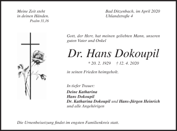 Traueranzeige von Hans Dokoupil von Geislinger Zeitung