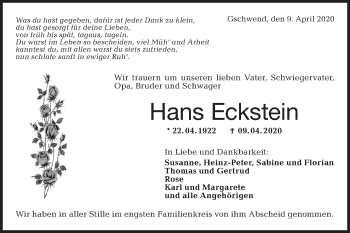 Traueranzeige von Hans Eckstein von Rundschau Gaildorf