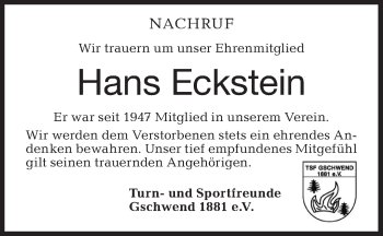 Traueranzeige von Hans Eckstein von Rundschau Gaildorf