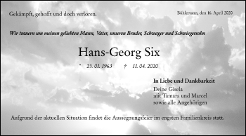 Traueranzeige von Hans-Georg Six von Haller Tagblatt