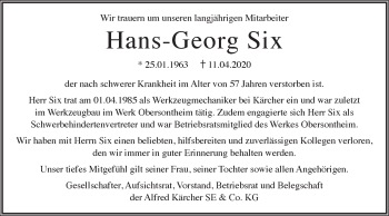 Traueranzeige von Hans-Georg Six von Haller Tagblatt