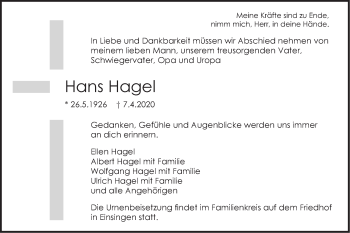 Traueranzeige von Hans Hagel von SÜDWEST PRESSE Ausgabe Ulm/Neu-Ulm