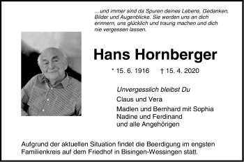 Traueranzeige von Hans Hornberger von Hohenzollerische Zeitung