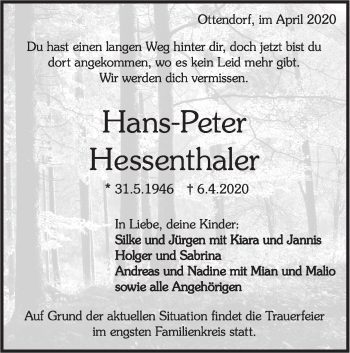 Traueranzeige von Hans-Peter Hessenthaler von Haller Tagblatt