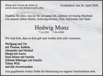 Traueranzeige von Hedwig Munz von Rundschau Gaildorf