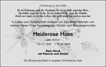 Traueranzeige von Heiderose Huss von Rundschau Gaildorf