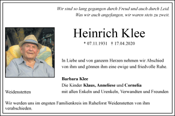 Traueranzeige von Heinrich Klee von SÜDWEST PRESSE Ausgabe Ulm/Neu-Ulm