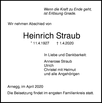 Traueranzeige von Heinrich Straub von SÜDWEST PRESSE Ausgabe Ulm/Neu-Ulm