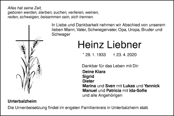 Traueranzeige von Heinz Liebner von Illertal Bote