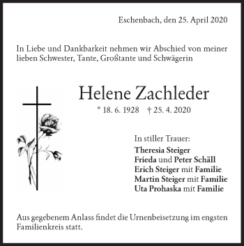 Traueranzeige von Helene Zachleder von NWZ Neue Württembergische Zeitung