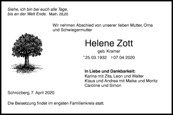 Traueranzeige von Helene Zott von Hohenloher Tagblatt