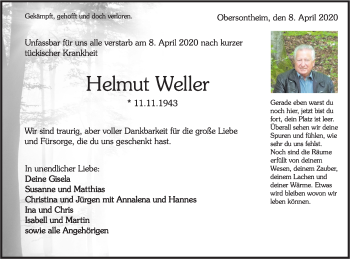 Traueranzeige von Helmut Weller von Haller Tagblatt