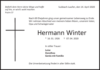 Traueranzeige von Hermann Winter von Rundschau Gaildorf