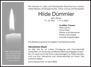 Traueranzeige von Hilde Dümmler von Hohenloher Tagblatt