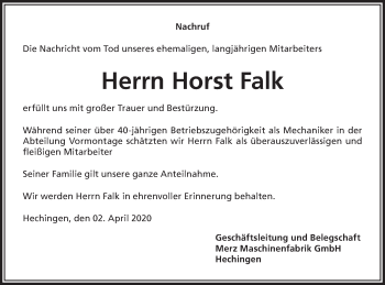 Traueranzeige von Horst Falk von Hohenzollerische Zeitung