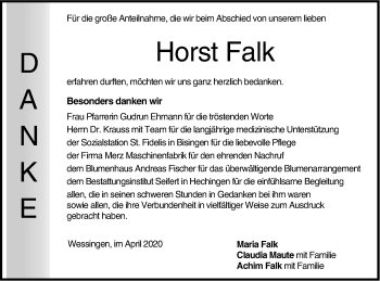 Traueranzeige von Horst Falk von Hohenzollerische Zeitung